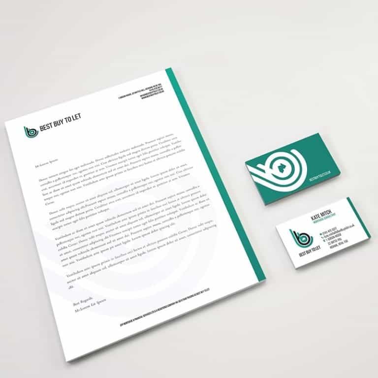 Letterhead and business card graphic design as part of full brand concept