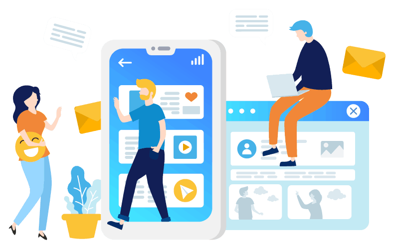 Blue-dominant colourful flat design image with three people working on automated chat bot systems