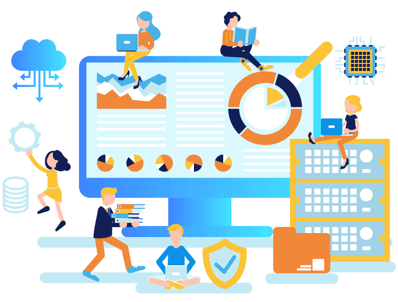 Colourful graphic animated picture that represents people building Business Marketing Automation systems around a giant lcd monitor screen